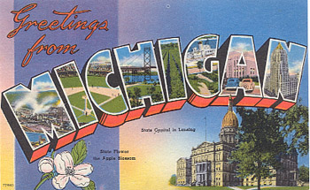 Featured is a Michigan big-letter postcard image from the 1940s obtained from the Teich Archives (private collection).